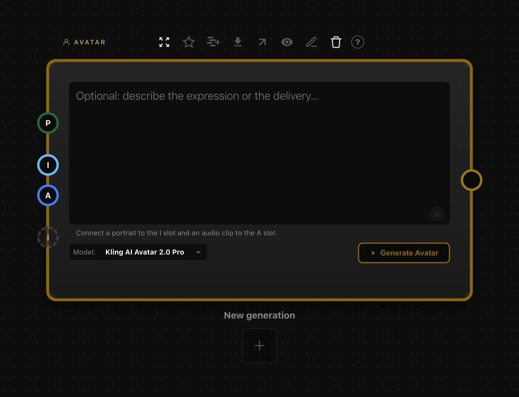 The Avatar node with its P, I and A rings down the left edge and the model picker under the prompt box