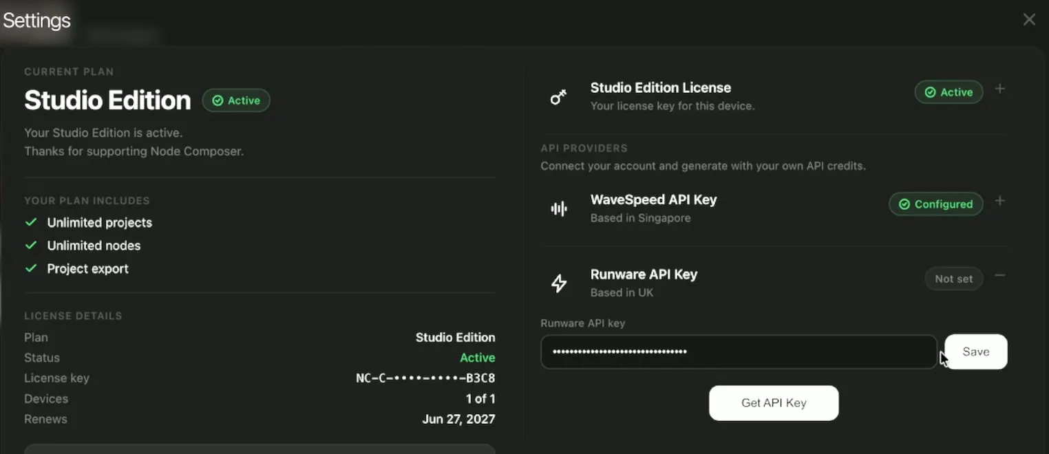 Node Composer Settings, the pasted key masked in the Runware API key field, next to the Save button
