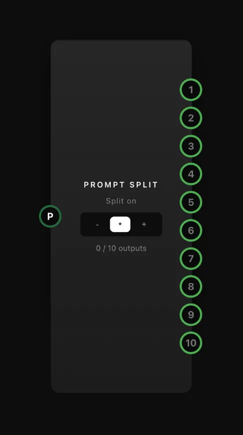 The Prompt Split node with its separator buttons, output counter and ten numbered handles